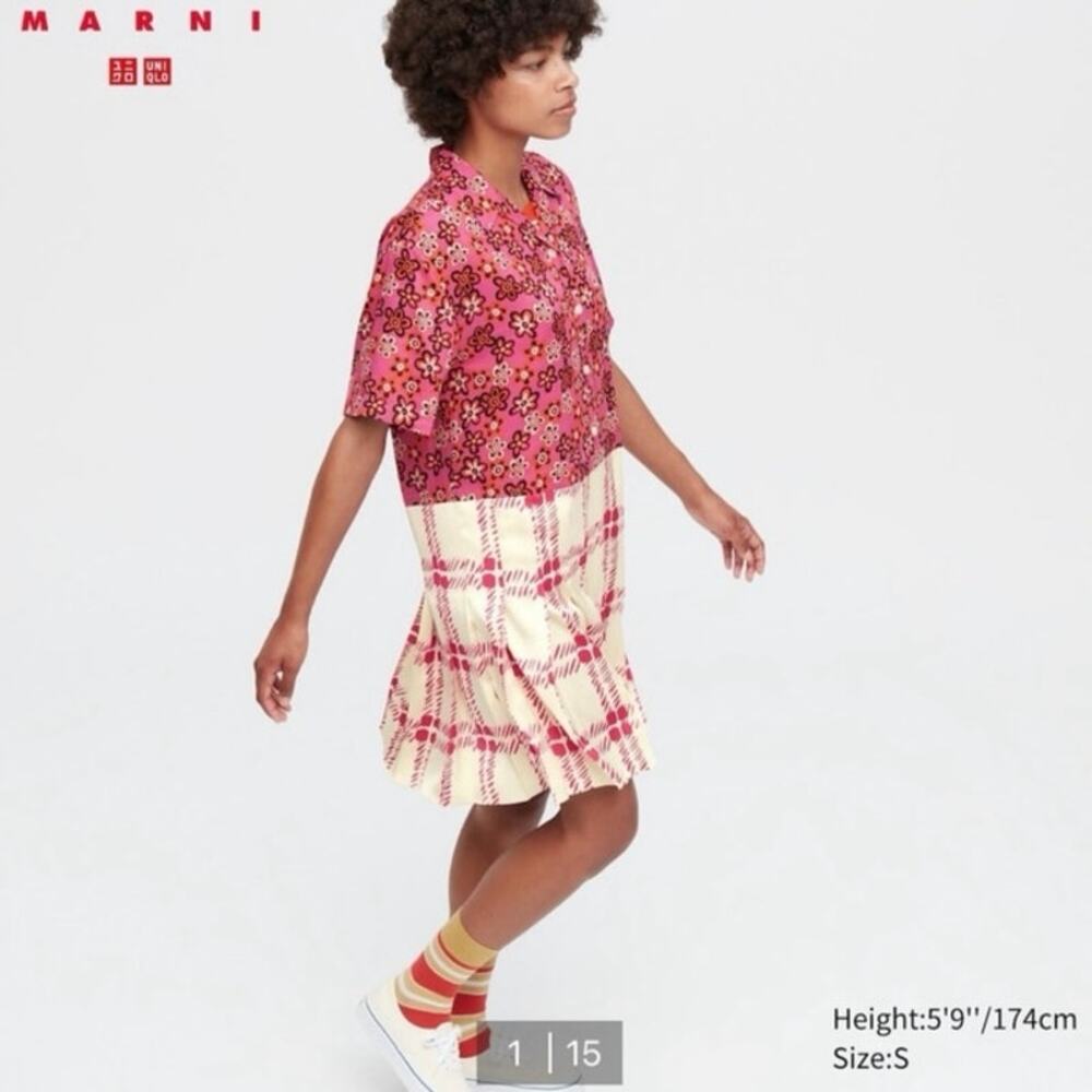 MARNI X UNIQLO Oversized Retro Floral Pleated Shirt Dress Size XS Pink Cream